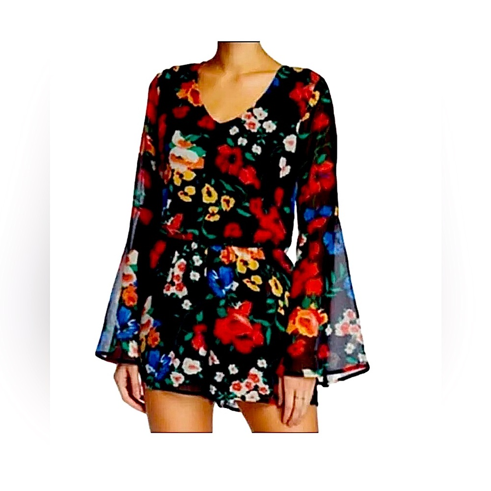 Floral Black Flower Romper by Free Press Wizard Sleeve  Jumpsuit Size Small